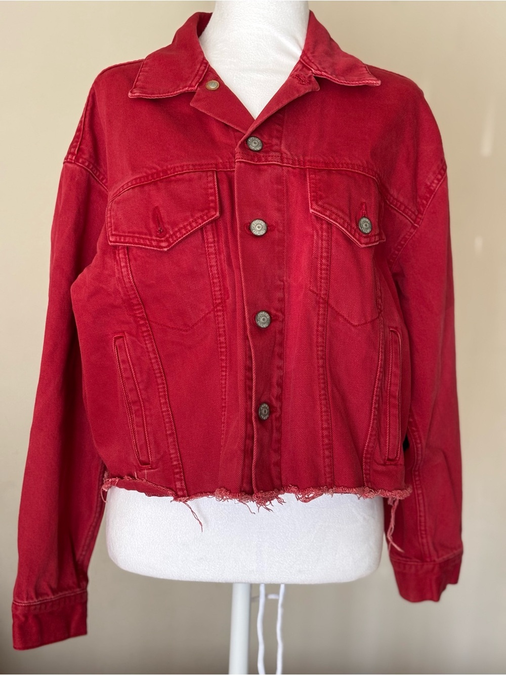 Boyish Red Cropped Button-Front Jean Jacket - Picture 3 of 15